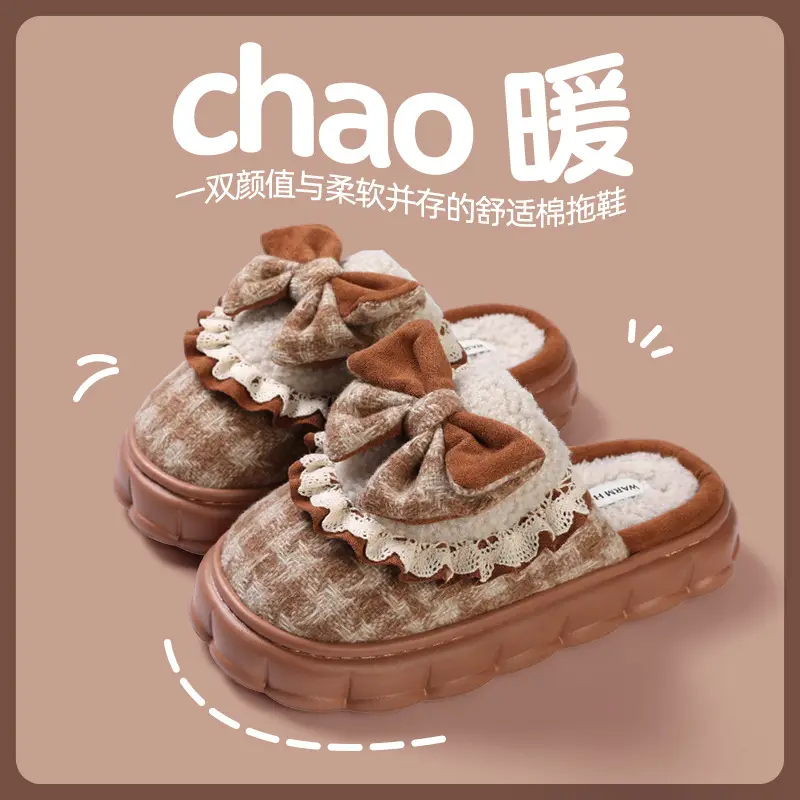 Bow Cotton Slippers Women's Winter 2024 New Indoor Home Thick-soled fleece-lined Warm Heel Slippers for Winter - Image 4