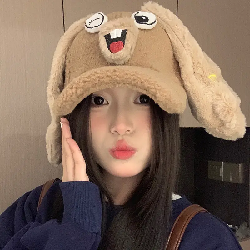 Cute Cartoon Rabbit Plush Cap for Women 2024 Winter