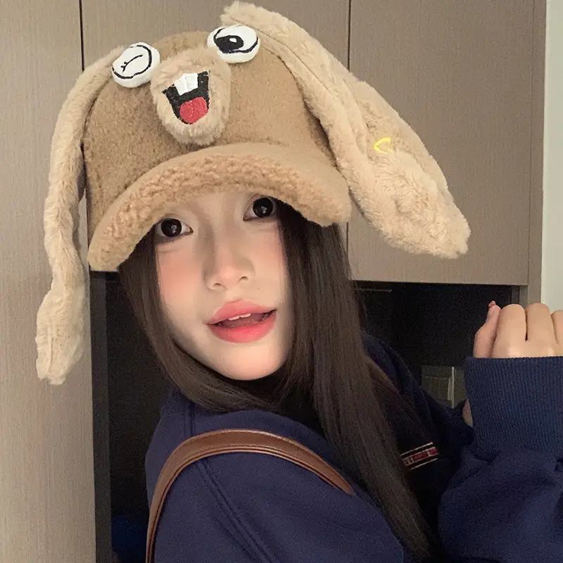 Cute Cartoon Rabbit Plush Cap for Women 2024 Winter