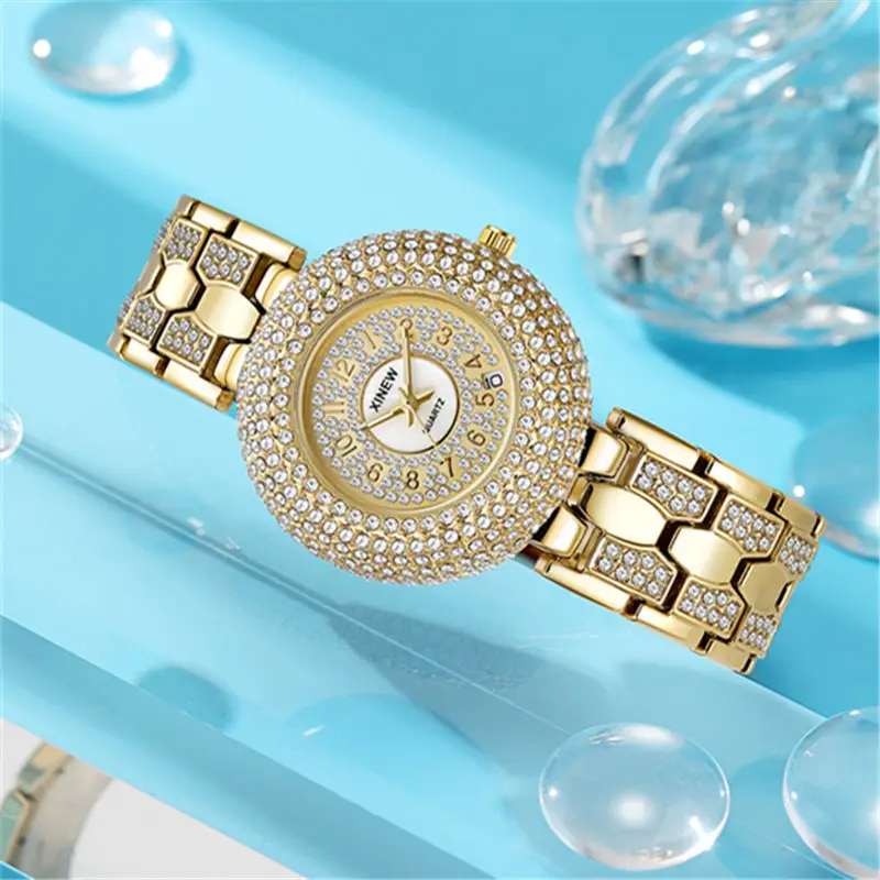 Gold Diamond Encrusted Women's Quartz Watch - Image 4