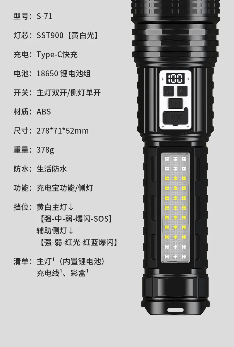 New Yellow & White Double Laser Flashlight with Red & Blue COB Lights — feature 19