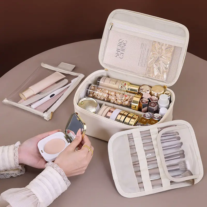 Portable Large Capacity Cosmetic Case with Travel Brush