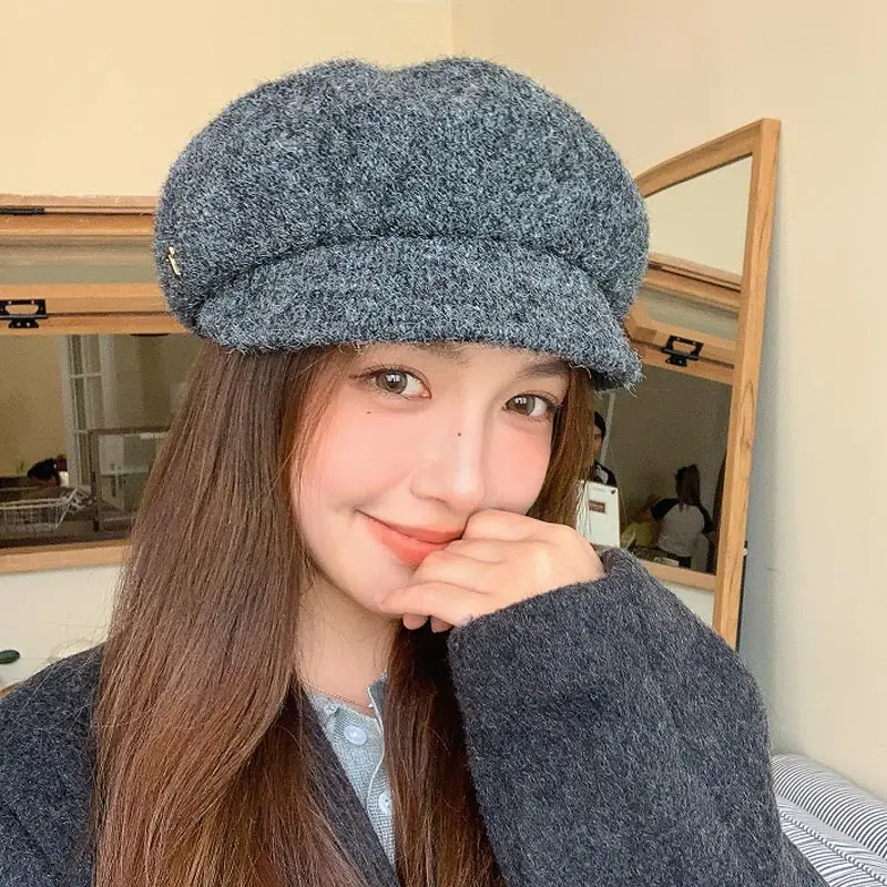 Women's Warm Grey Knit Beret Cap - Image 6