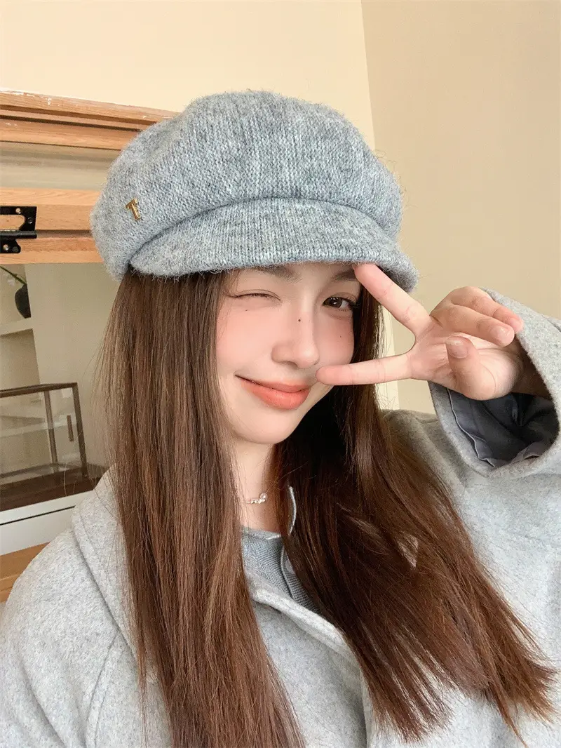 Women's Warm Grey Knit Beret Cap — feature 13