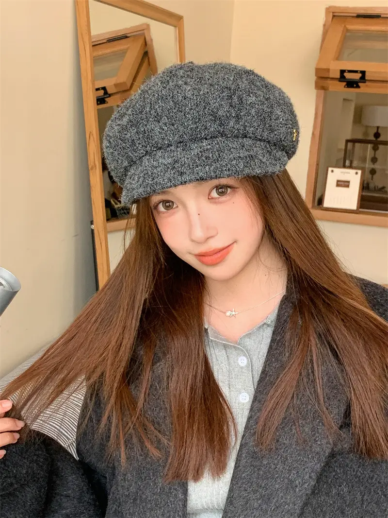 Women's Warm Grey Knit Beret Cap — feature 15