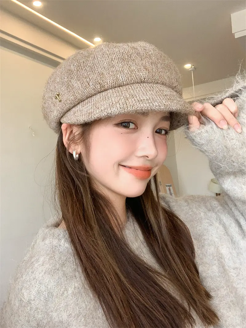 Women's Warm Grey Knit Beret Cap — feature 17