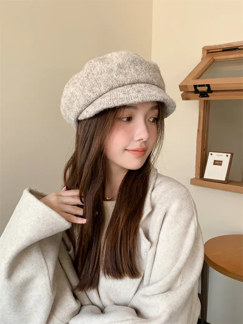 Women's Warm Grey Knit Beret Cap — feature 9