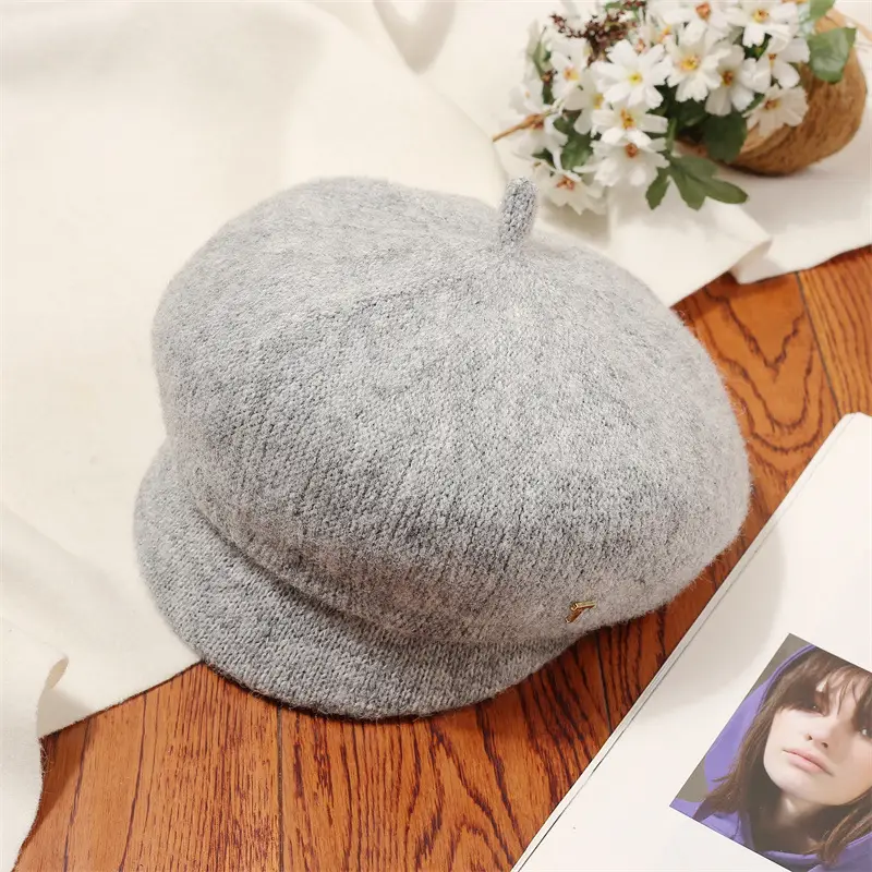 Women's Warm Grey Knit Beret Cap - Image 2