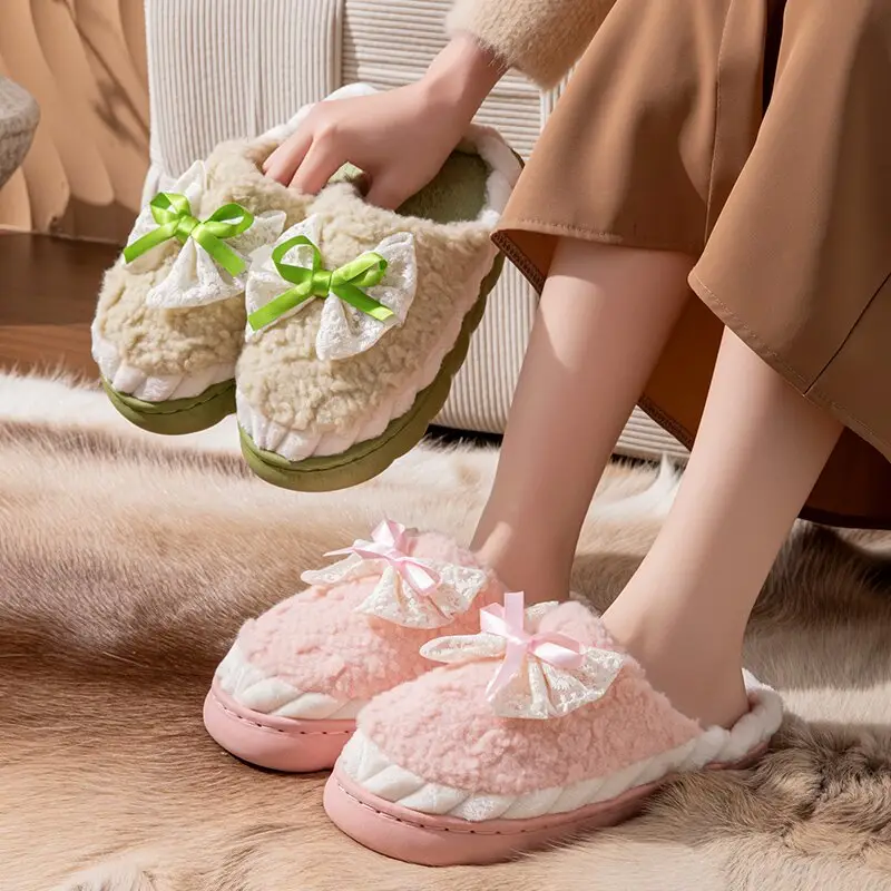 Cotton Slippers for Women in Autumn and Winter Home Non-Slip and Warm 2024 New Cute Plush Bow Bag with Cotton Slippers for Women