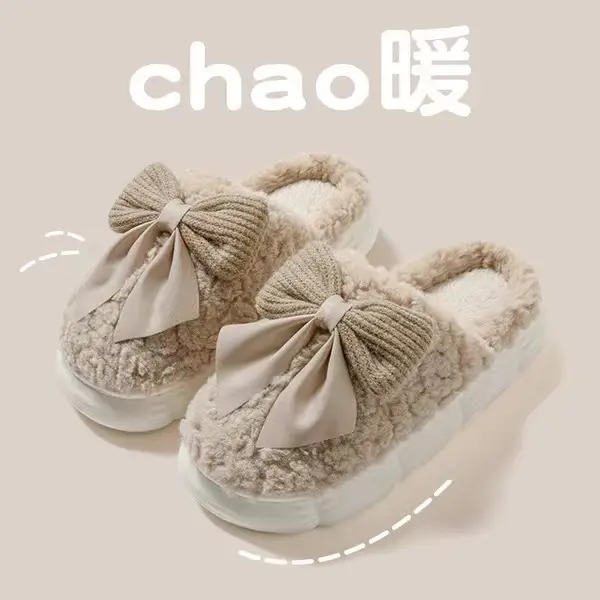 Cotton Slippers for Women in Autumn and Winter Home Non-Slip and Warm 2024 New Cute Plush Bow Bag with Cotton Slippers for Women