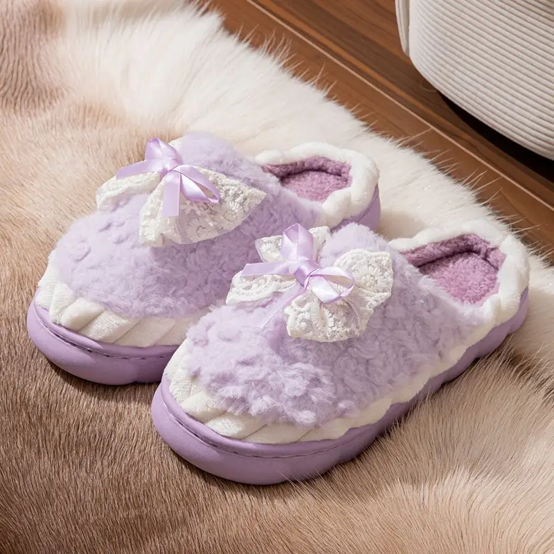 Cotton Slippers for Women in Autumn and Winter Home Non-Slip and Warm 2024 New Cute Plush Bow Bag with Cotton Slippers for Women