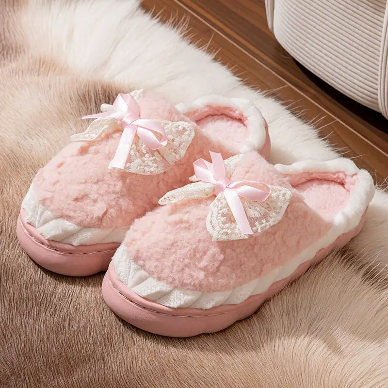 Cotton Slippers for Women in Autumn and Winter Home Non-Slip and Warm 2024 New Cute Plush Bow Bag with Cotton Slippers for Women