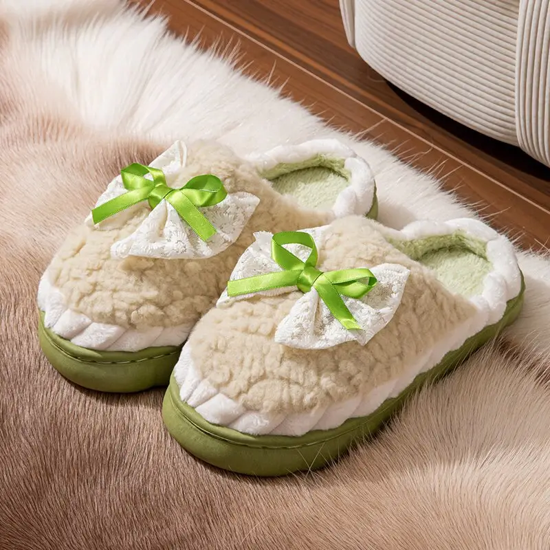 Cotton Slippers for Women in Autumn and Winter Home Non-Slip and Warm 2024 New Cute Plush Bow Bag with Cotton Slippers for Women