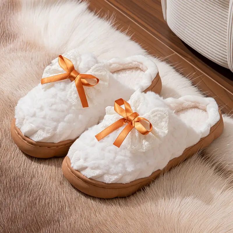Cotton Slippers for Women in Autumn and Winter Home Non-Slip and Warm 2024 New Cute Plush Bow Bag with Cotton Slippers for Women