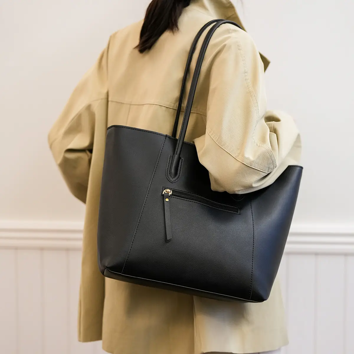 Women Large Capacity Black Leather Tote Bag Shoulder Crossbody — feature 37