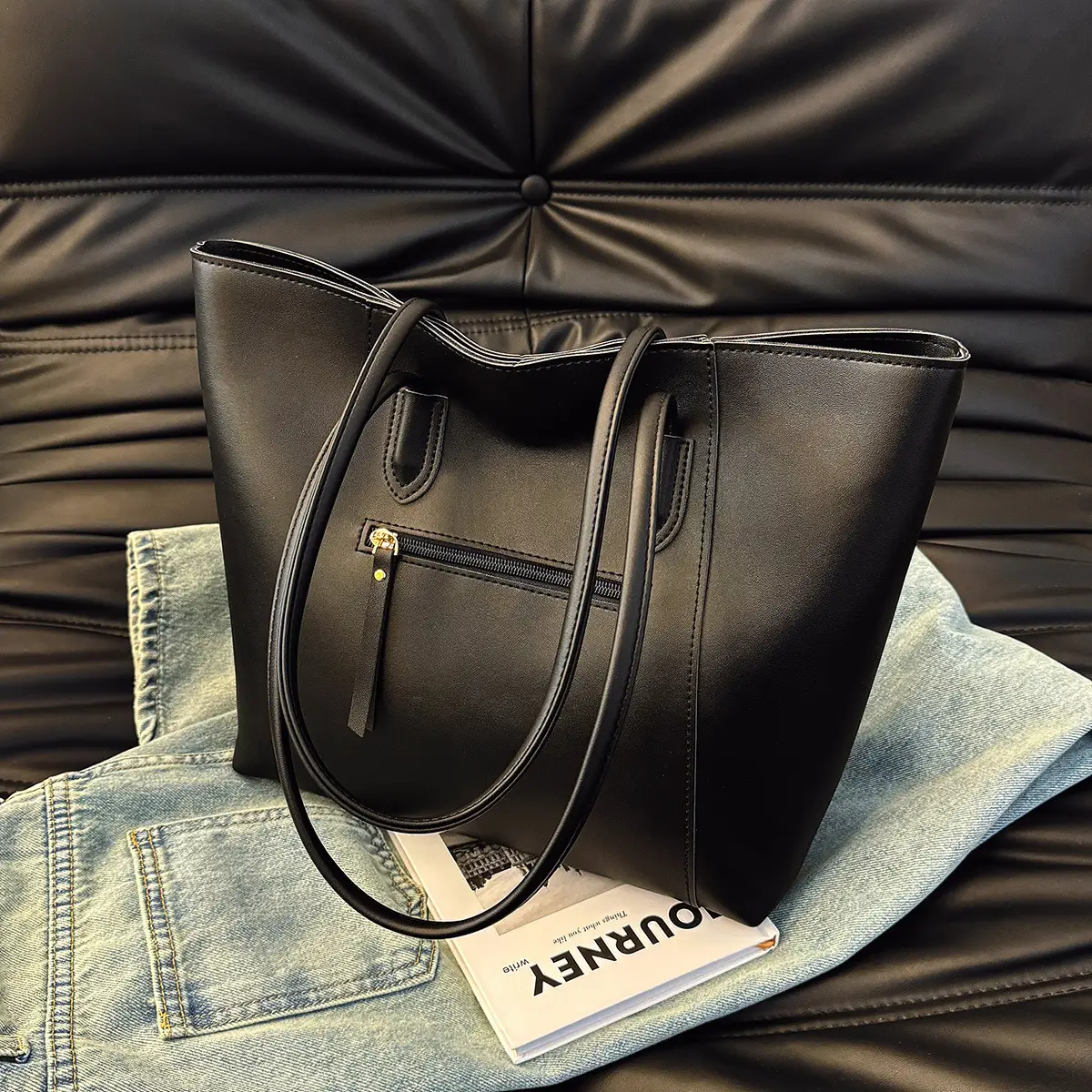 Women Large Capacity Black Leather Tote Bag Shoulder Crossbody - Image 6