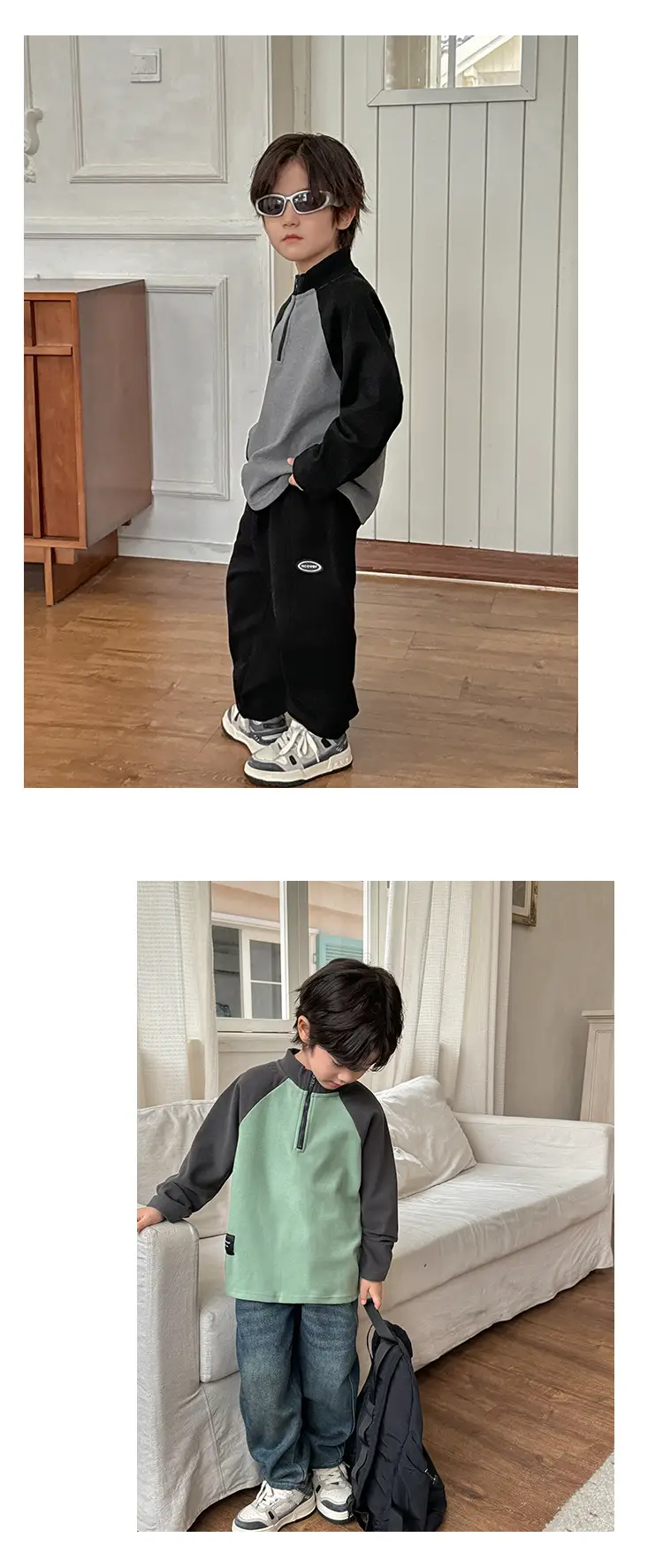 Haima Kids Winter Warm Half-Zip T-Shirt Boys Green Grey — feature 12
