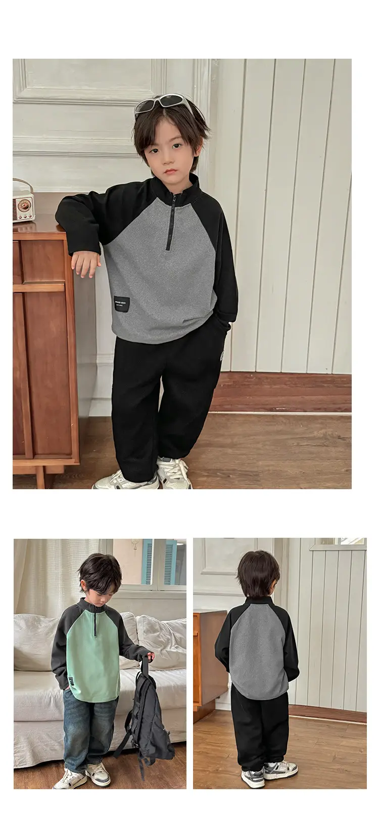 Haima Kids Winter Warm Half-Zip T-Shirt Boys Green Grey — feature 9