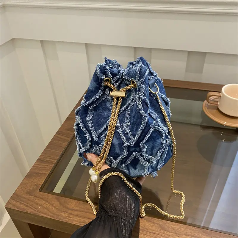 Navy Blue Drawstring Bucket Bag for Women - Image 5
