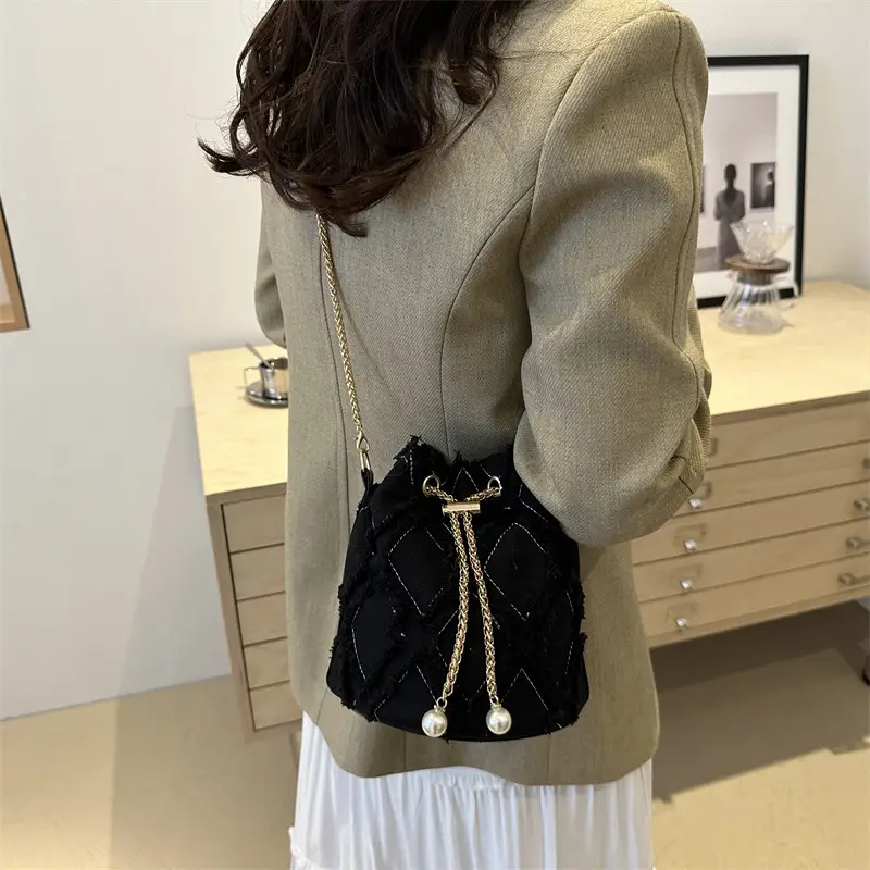 Navy Blue Drawstring Bucket Bag for Women - Image 8