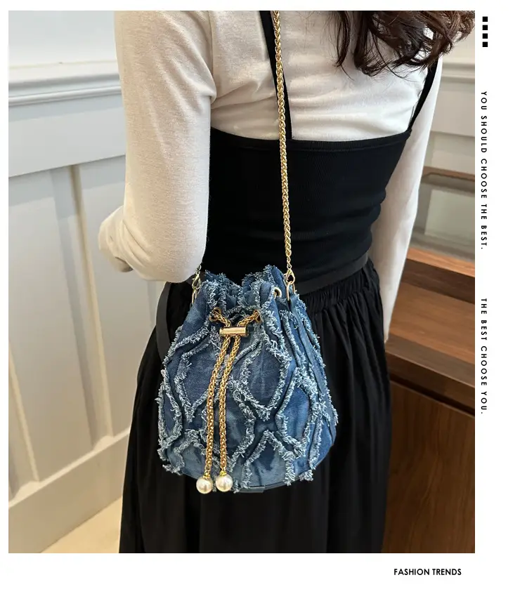 Navy Blue Drawstring Bucket Bag for Women — feature 1