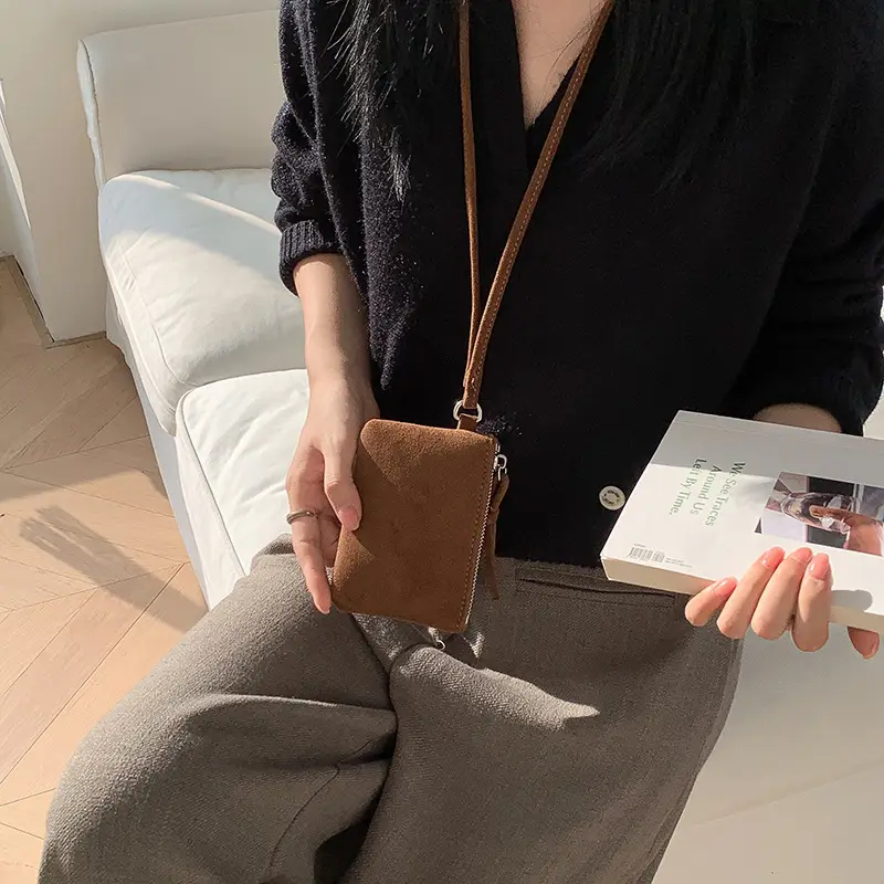 Neck-Hanging Mini Leather Coin Purse Brown - Image 2