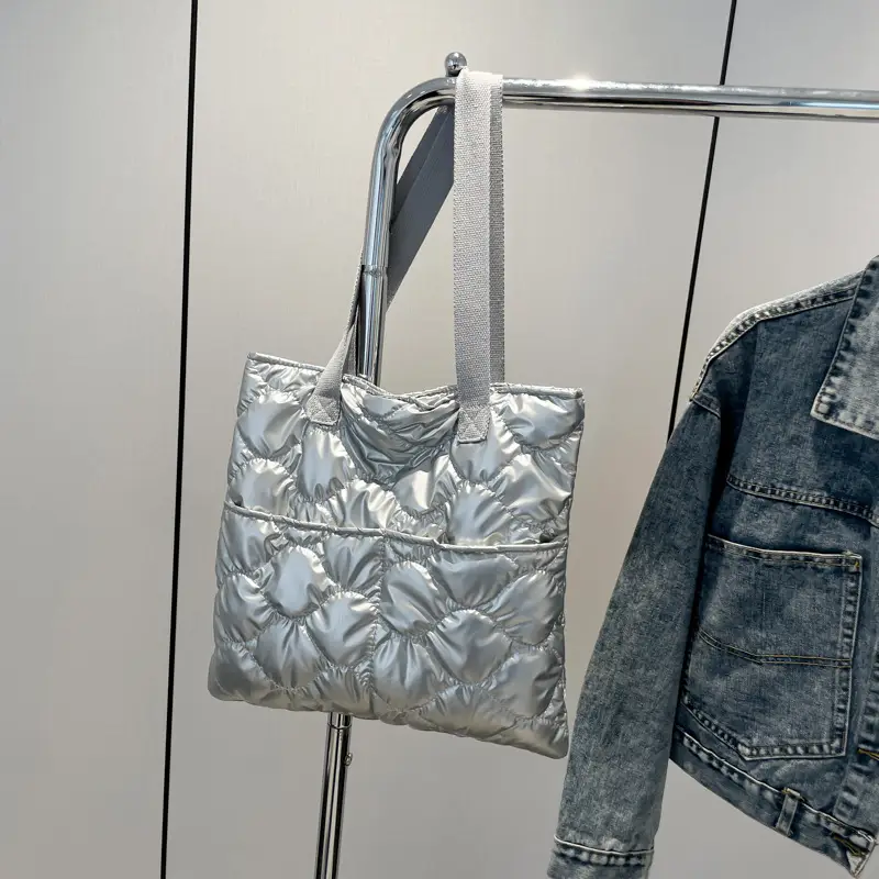 Silver Quilted Women's Tote Bag Large Capacity - Image 3