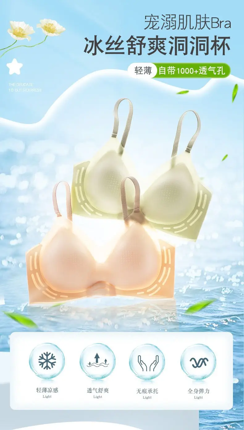 Starlight Ice Liquid Glue Underwear Fixed Cup Summer Thin Seamless Small Chest Push-up Jelly Strip Soft Support Bra — feature 1