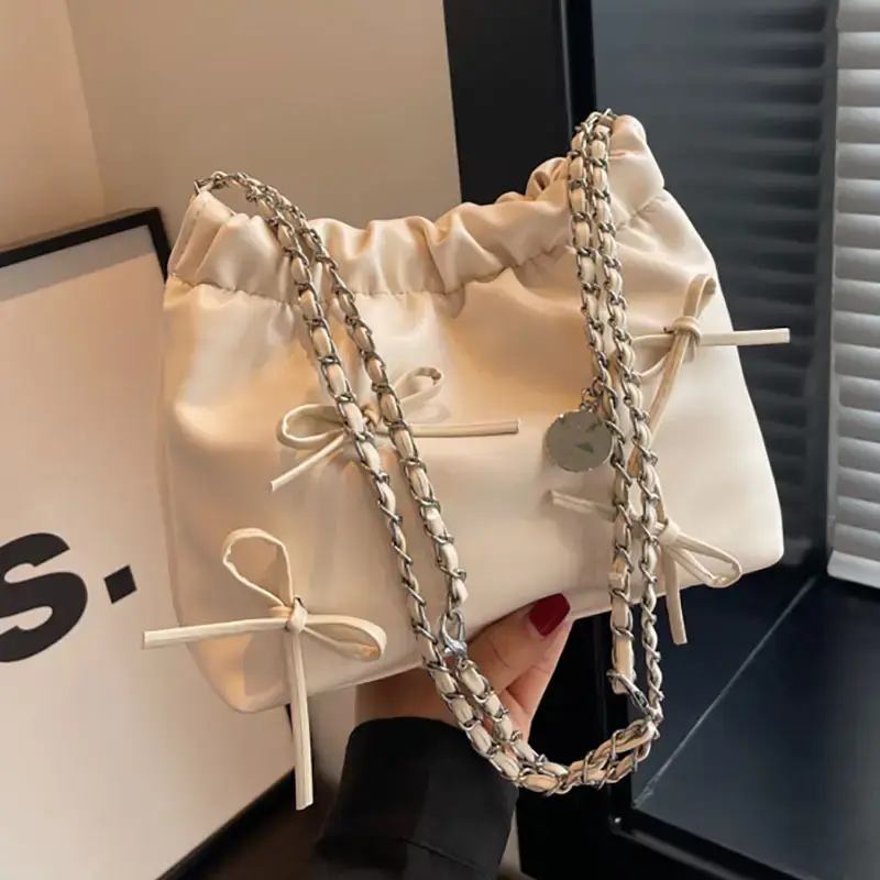 Women's Bow Chain Shoulder Bag Cream 2024 - Image 5