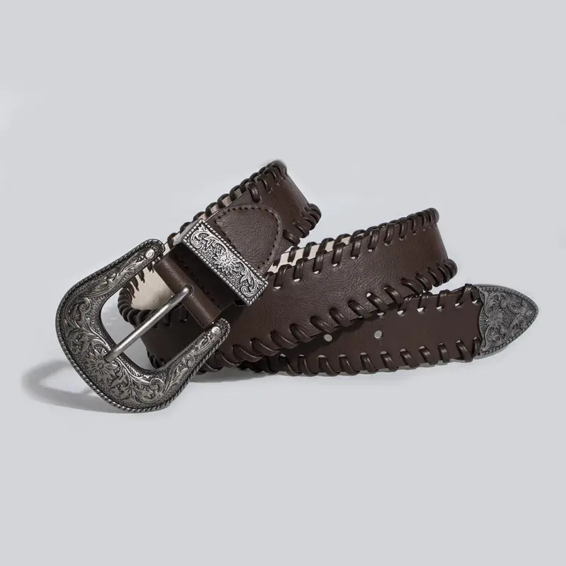 2024 Women's Retro Brown Threaded Belt with Silver Buckle - Image 3