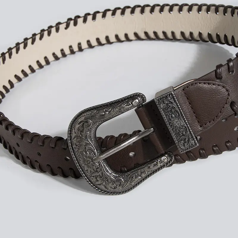 2024 Women's Retro Brown Threaded Belt with Silver Buckle - Image 4