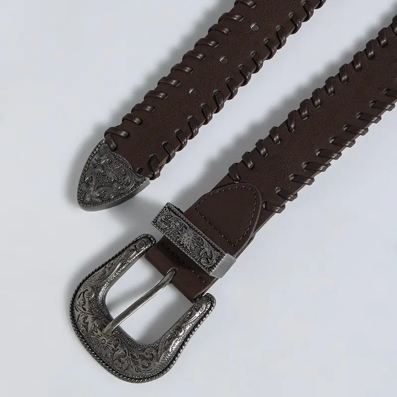 2024 Women's Retro Brown Threaded Belt with Silver Buckle - Image 5