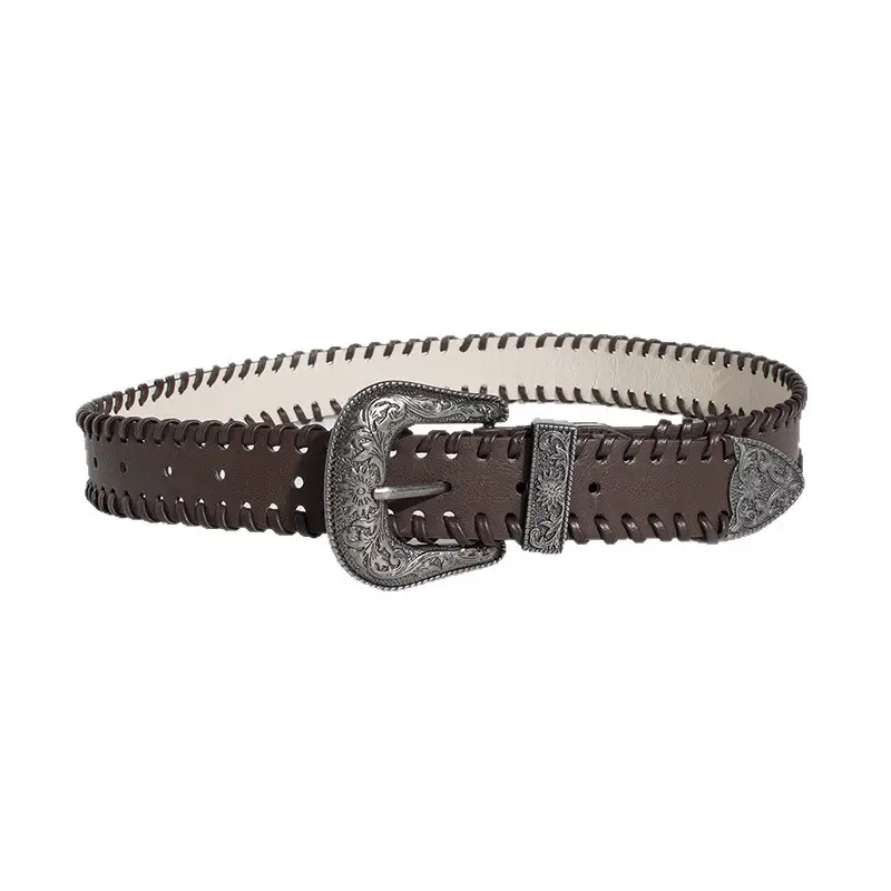 2024 Women's Retro Brown Threaded Belt with Silver Buckle - Image 6