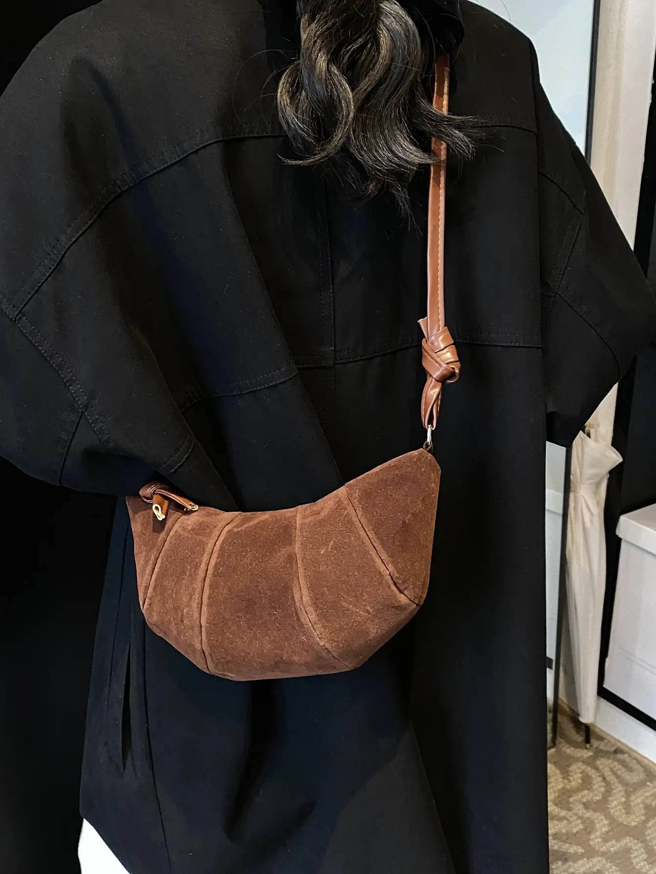 Women Retro Underarm Bag Brown Croc Stitched Shoulder Messenger - Image 7
