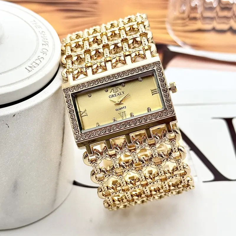 Gold Square Diamond Watch with Roman Dial & Wide Bracelet