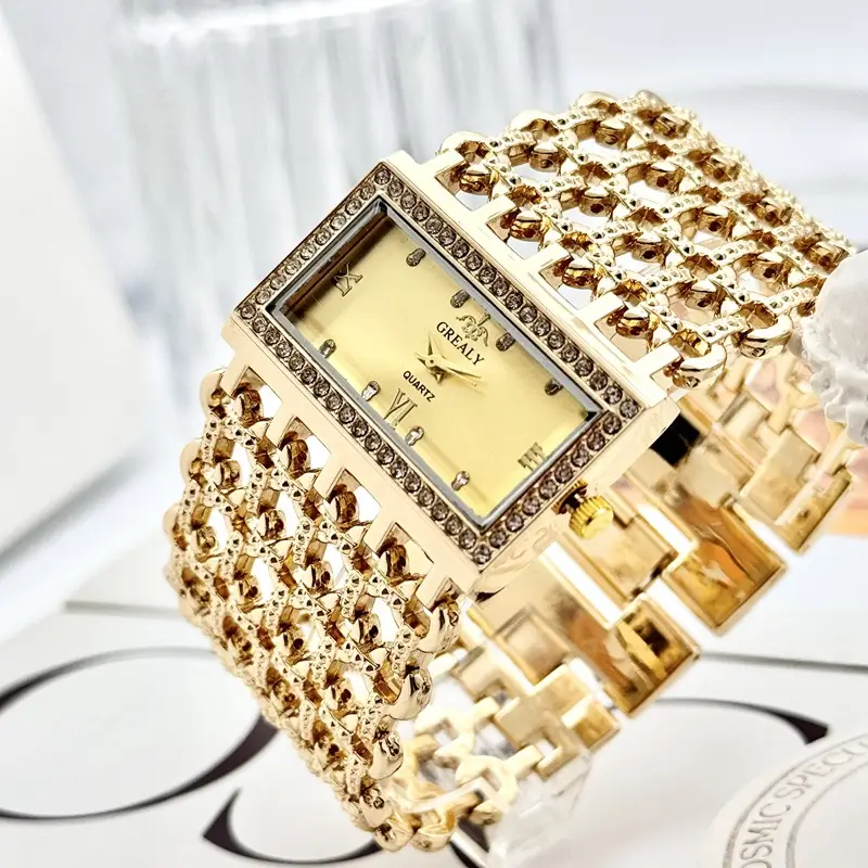 Gold Square Diamond Watch with Roman Dial & Wide Bracelet