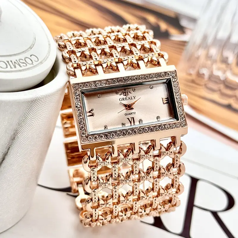 Gold Square Diamond Watch with Roman Dial & Wide Bracelet