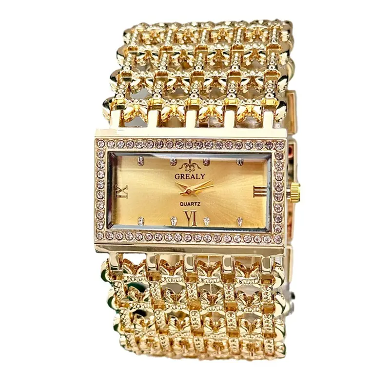 Gold Square Diamond Watch with Roman Dial & Wide Bracelet