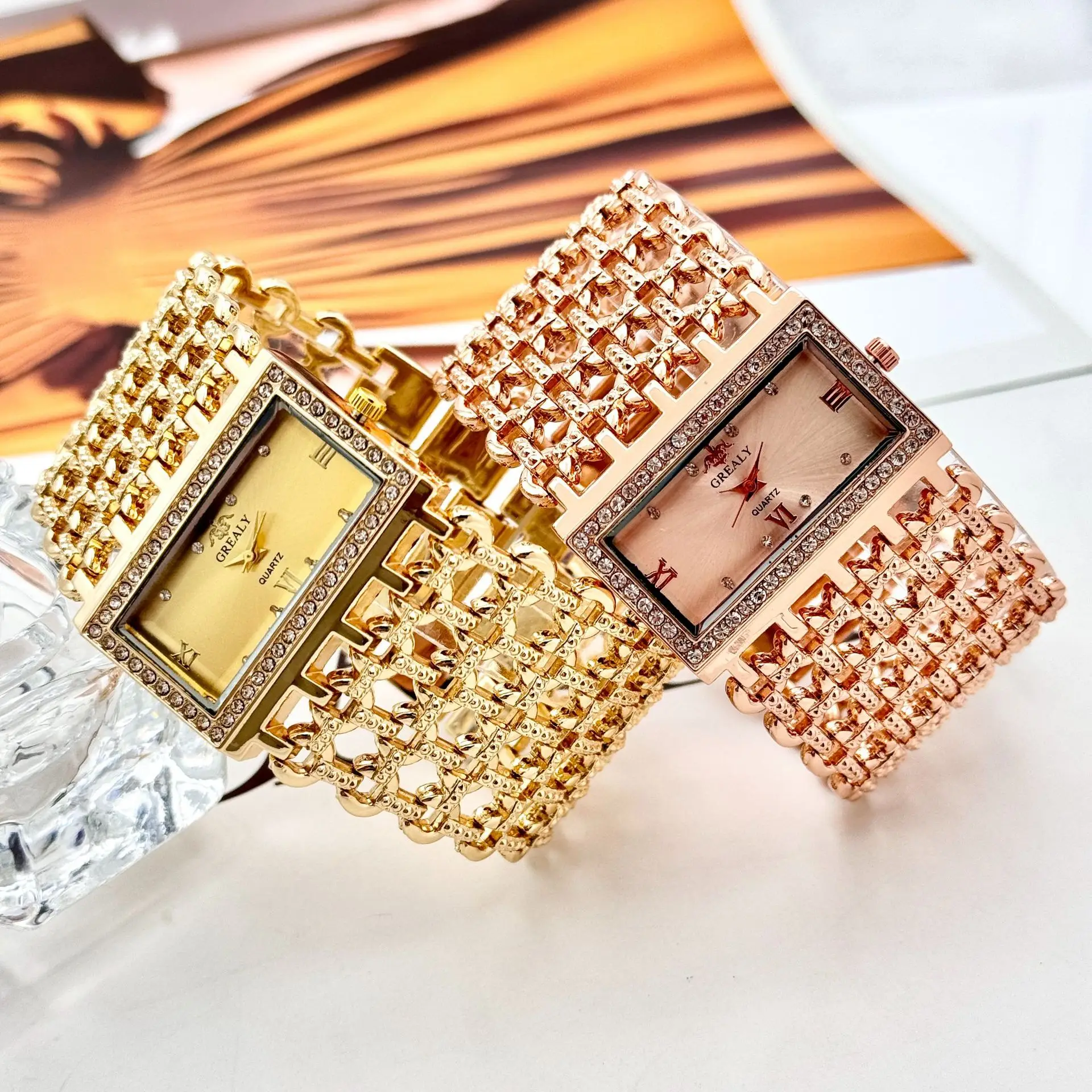 Gold Square Diamond Watch with Roman Dial & Wide Bracelet — feature 11