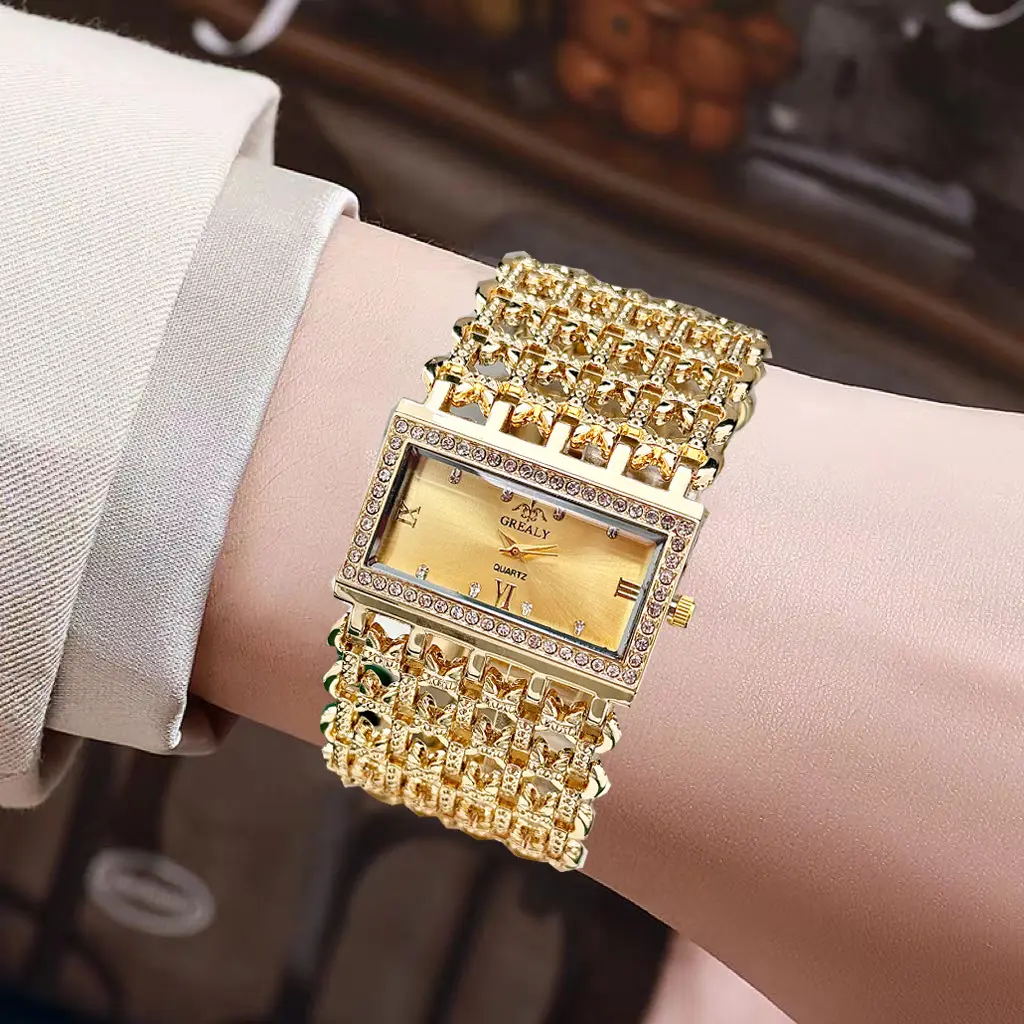 Gold Square Diamond Watch with Roman Dial & Wide Bracelet — feature 3