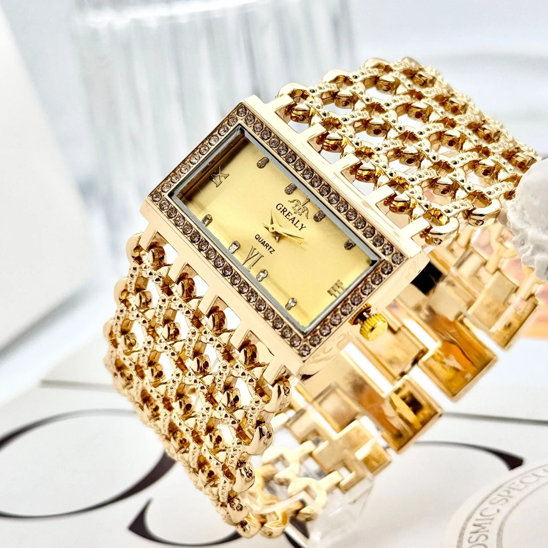 Gold Square Diamond Watch with Roman Dial & Wide Bracelet — feature 6