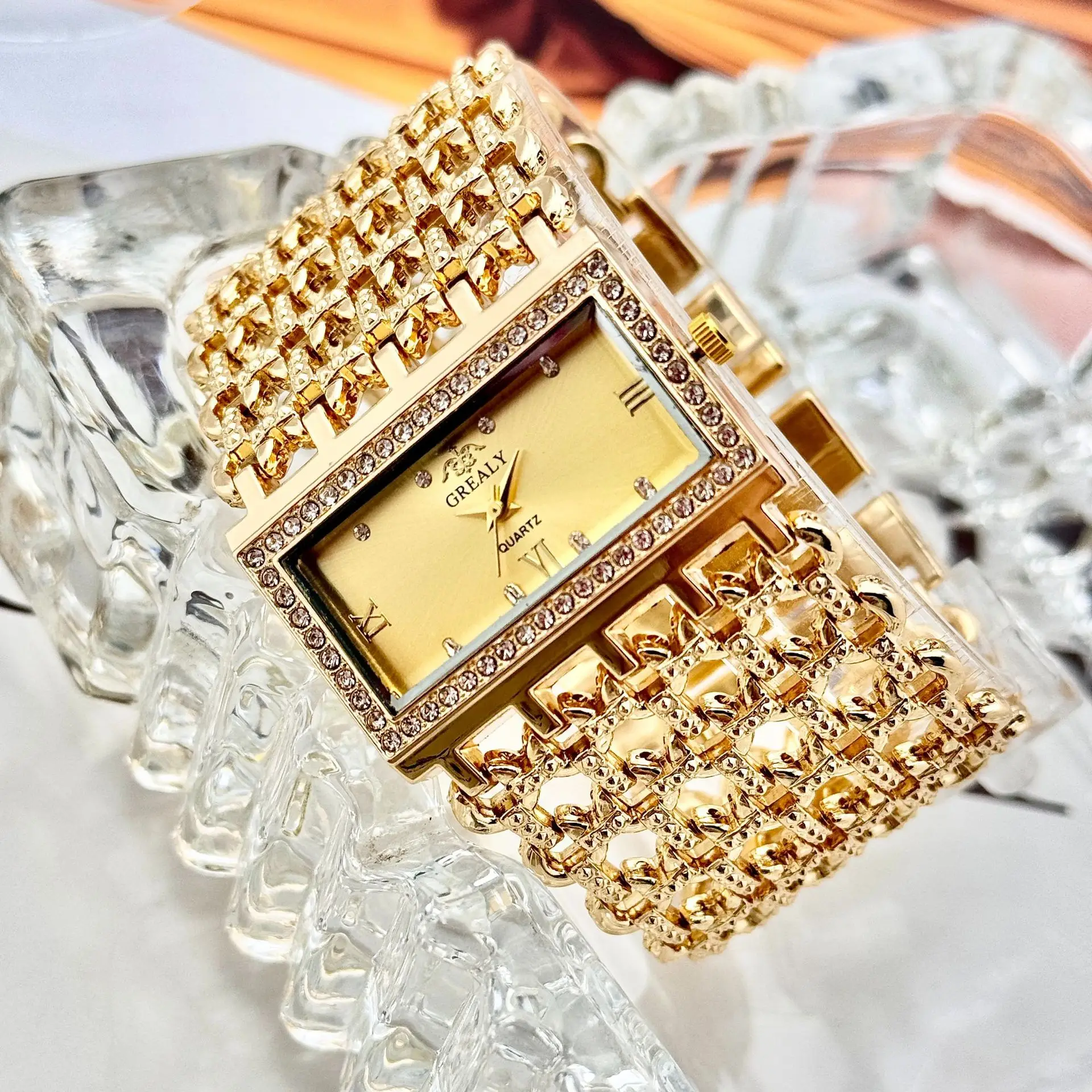 Gold Square Diamond Watch with Roman Dial & Wide Bracelet — feature 8