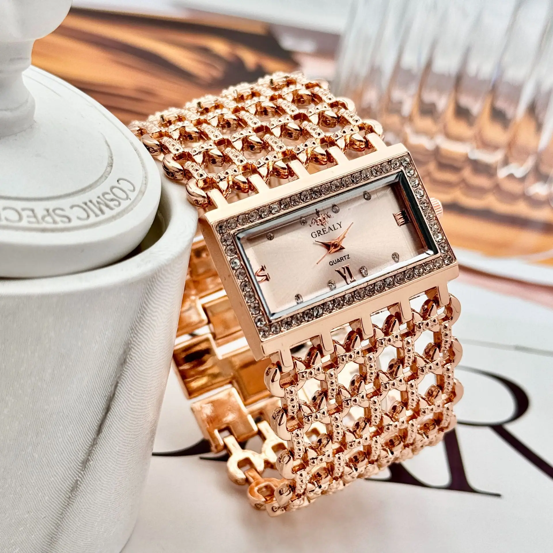 Gold Square Diamond Watch with Roman Dial & Wide Bracelet
