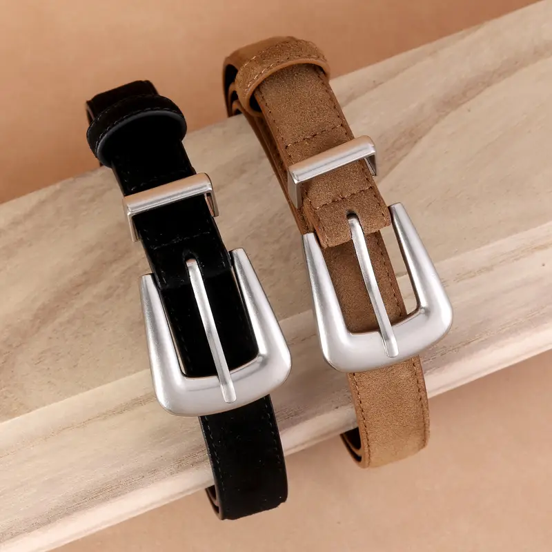 Women's Cow Velvet Belt with Pin Buckle Black Brown - Image 9