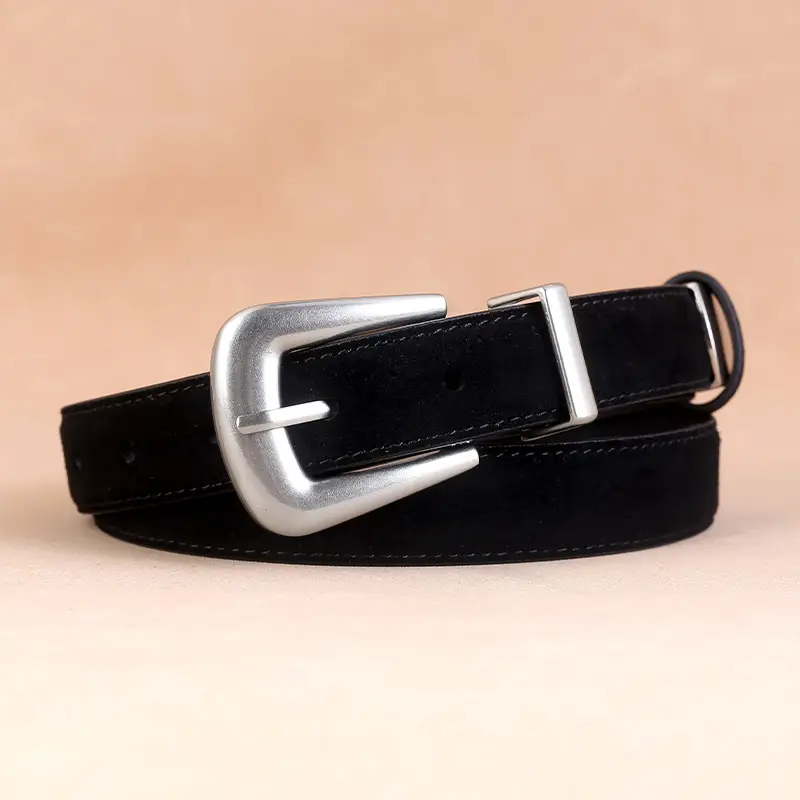 Women's Cow Velvet Belt with Pin Buckle Black Brown - Image 2