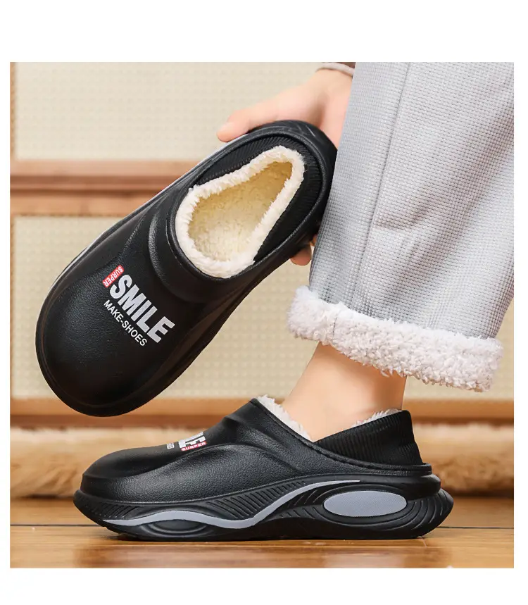 Waterproof cotton slippers men's autumn and winter indoor home warm non-slip thick-soled anti-slip bag heel cotton shoes for men — feature 12