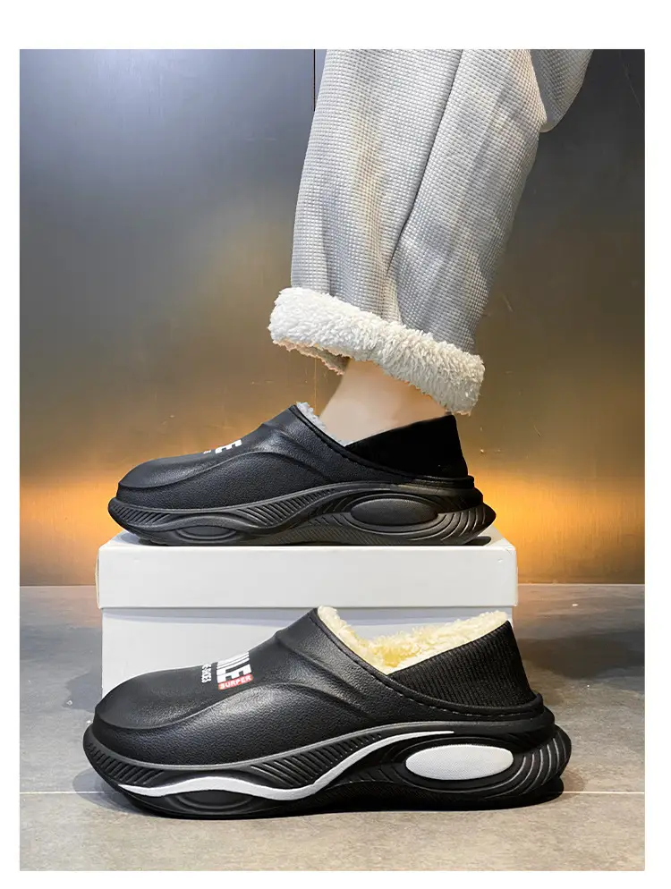 Waterproof cotton slippers men's autumn and winter indoor home warm non-slip thick-soled anti-slip bag heel cotton shoes for men — feature 13