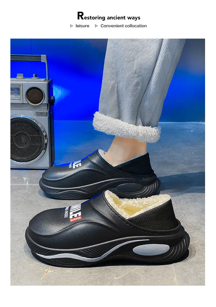 Waterproof cotton slippers men's autumn and winter indoor home warm non-slip thick-soled anti-slip bag heel cotton shoes for men — feature 14