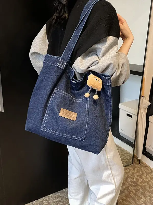 Denim Canvas Shoulder Bag Women Large Capacity Shopping Bag - Image 4