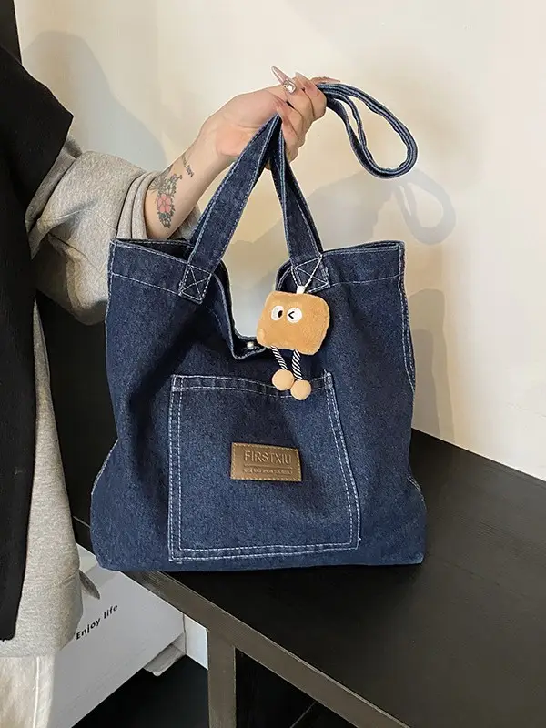 Denim Canvas Shoulder Bag Women Large Capacity Shopping Bag - Image 5